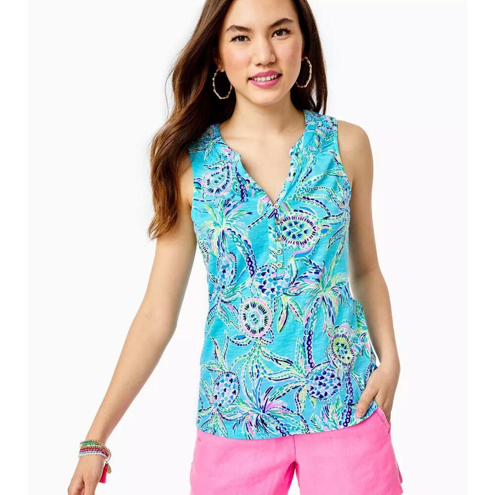 Lilly Pulitzer Essie Top Bermuda Blue Turtle Sleeveless Cotton Jersey Sz XS‎